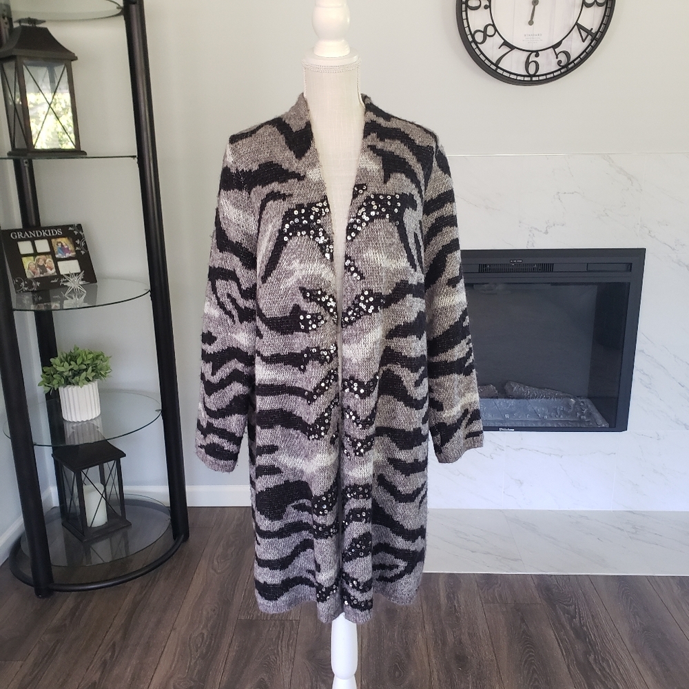 Chico's Jovi Zebra Sequin Cardigan wool blend Open Front Sweater Black And Gray